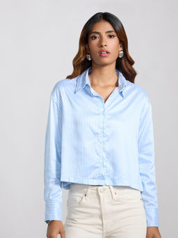MIXT by Nykaa Fashion - Blue White Striped Collar Neck Full Sleeves Shirt
