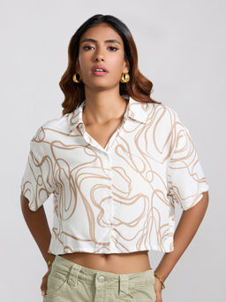 MIXT by Nykaa Fashion - White and Beige Printed Short Sleeves Straight Crop Shirt