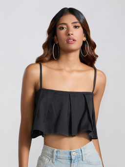 MIXT by Nykaa Fashion - Black Solid Square Neck Pleated Linen Crop Top