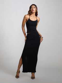 MIXT by Nykaa Fashion - Black Strappy Top High Waist Column Maxi Skirt Co Ord (Set of 2)