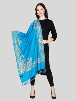 SWI STYLISH - Womens Kashmiri Aari Embroidered Wool Turquoise Stole