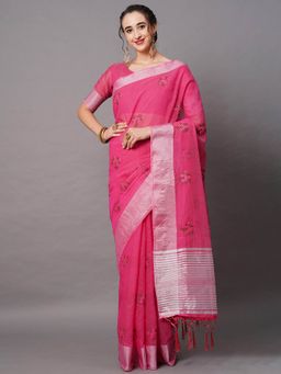 Odette - Pink Festive Linen Blend Embroidered Saree with Unstitched Blouse