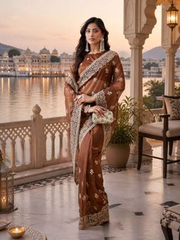 Kasee - Womens Bronze Sequin Buti and Heavy Embroidered Border Saree with Unstitched Blouse