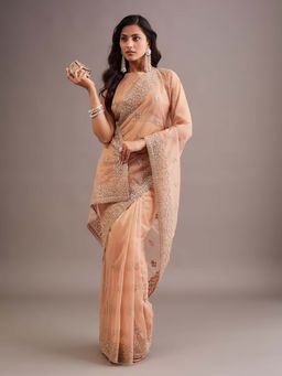 Kasee - Peach Super Net Gold Zari Buti and Heavy Embroidered Border Saree with Unstitched Blouse