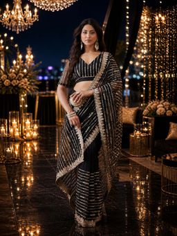 Kasee - Black Net Sequin Stripe Design and Embroidered Border Saree with Unstitched Blouse
