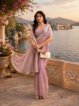 Kasee - Lavender Net Sequin Stripe Design and Embroidered Border Saree with Unstitched Blouse