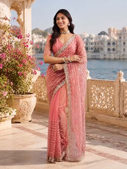Kasee - Pink Net Sequin Stripe Design and Embroidered Border Saree with Unstitched Blouse