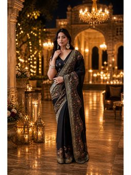 Kasee - Black Silk Chiffon Embroidered Border and Rich Pallu Saree with Unstitched Blouse