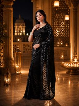 Kasee - Black Sequin Poly Georgette All-Over Shimmer and Designer Drape Saree with Unstitched Blouse