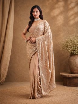Kasee - Gold Sequin Poly Georgette All-Over Shimmer and Designer Drape Saree with Unstitched Blouse
