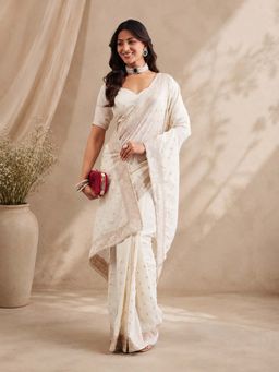 Kasee - Cream Cotton Blend Zari Buti & Embroidered Border Saree with Unstitched Blouse