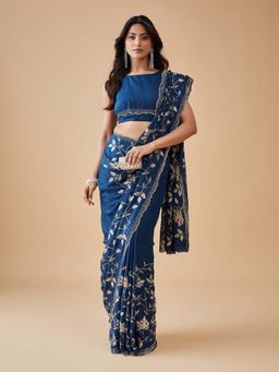 Kasee - Womens Peacock Blue Silk Blend Silver Floral Embroidery Saree with Unstitched Blouse