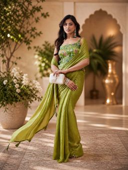 Kasee - Womens Lime Green Silk Blend Subtle Self Weave Texture Saree with Unstitched Blouse