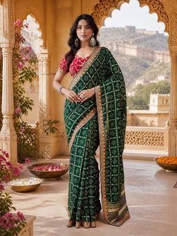 Kasee - Green Cotton Blend Gold Zari Lattice Design and Contrast Border Saree with Unstitched Blouse