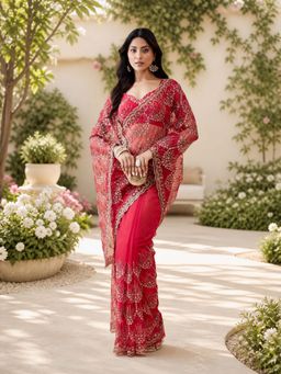 Kasee - Cherry Red Net Heavy Sequin Embroidery and Designer Border Saree with Unstitched Blouse