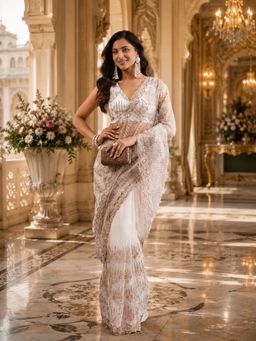 Kasee - White Net Heavy Sequin Embroidery and Designer Border Saree with Unstitched Blouse