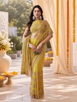 Kasee - Mustard Yellow Net Heavy Sequin Embroidery and Designer Border Saree with Unstitched Blouse