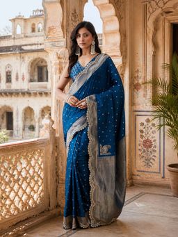 Kasee - Womens Blue Art Silk Silver Zari Buti and Lace Border Saree with Unstitched Blouse