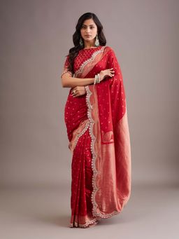 Kasee - Womens Maroon Art Silk Silver Zari Buti and Lace Border Saree with Unstitched Blouse