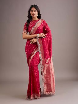 Kasee - Womens Wine Art Silk Silver Zari Buti and Lace Border Saree with Unstitched Blouse