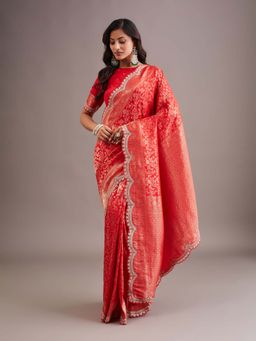 Kasee - Red Banarasi Art Silk Antique Gold Zari and Rich Woven Border Saree with Unstitched Blouse