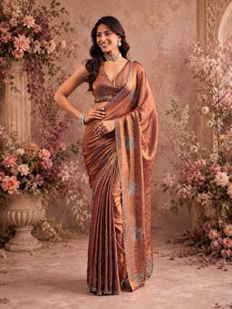 Kasee - Bronze Silk Blend Embroidered Border and Subtle Sequin Detailing Saree with Unstitched Blouse