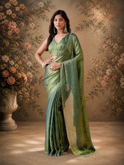 Kasee - Olive Green Silk Blend Border and Subtle Sequin Detailing Saree with Unstitched Blouse