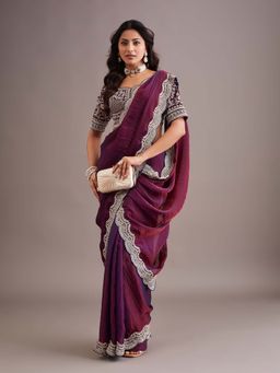 Kasee - Womens Wine Silk Blend Embroidered Scalloped Border Saree with Unstitched Blouse