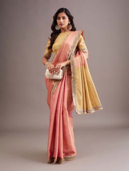 Kasee - Coral Art Silk Contrast Beige Pallu and Zari Border Saree with Unstitched Blouse