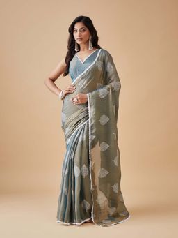 Kasee - Womens Teal Art Silk Silver Woven Motifs Saree with Unstitched Blouse