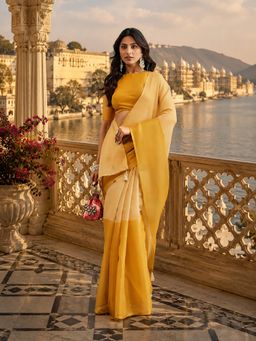 Kasee - Womens Gold Organza Contrast Ivory Panel Design Saree with Unstitched Blouse
