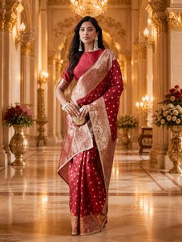 Kasee - Maroon Banarasi Art Silk Gold Zari Buti and Rich Woven Border Saree with Unstitched Blouse