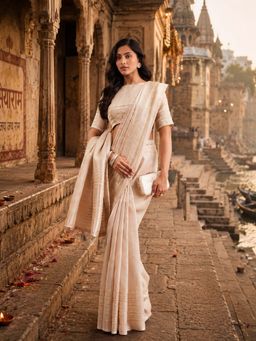 Kasee - Womens Gold Jute Silk Zari Striped Pallu Saree with Unstitched Blouse