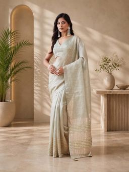 Kasee - Light Grey Jute Silk Gold Zari Stripes and Elegant Border Saree with Unstitched Blouse