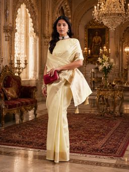 Kasee - Womens Gold Jute Silk Woven Stripe Pallu Saree with Unstitched Blouse