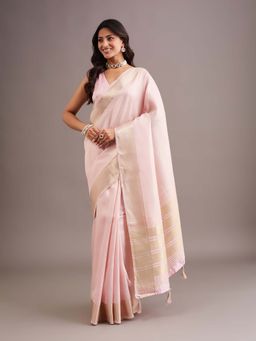 Kasee - Womens Pink Jute Silk Woven Stripe Pallu Saree with Unstitched Blouse