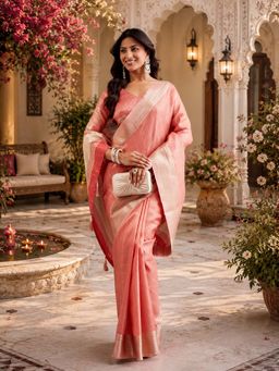 Kasee - Womens Cherry Jute Silk Checked Weave and Striped Pallu Saree with Unstitched Blouse
