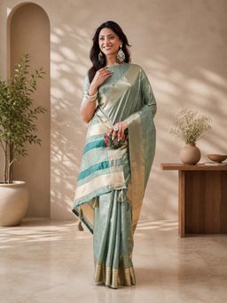 Kasee - Teal Green Jute Silk Checked Weave and Striped Contrast Pallu Saree with Unstitched Blouse