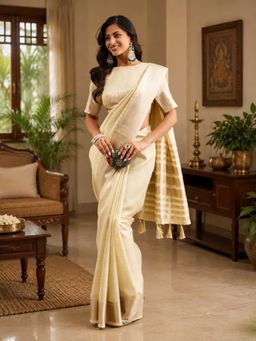 Kasee - Gold Jute Silk Zari Striped Pallu and Tassel Detail Saree with Unstitched Blouse