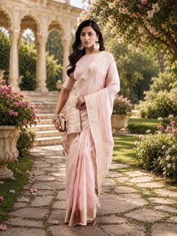 Kasee - Pink Jute Silk Zari Striped Pallu and Tassel Detail Saree with Unstitched Blouse