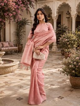 Kasee - Womens Pink Jute Silk Contrast Striped Pallu Saree with Unstitched Blouse