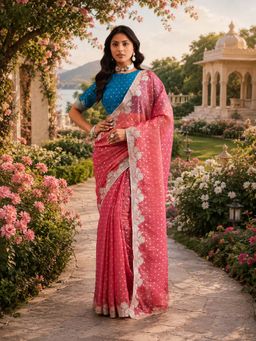 Kasee - Gajri Organza Silver Zari Buti and Floral Embroidered Border Saree with Unstitched Blouse