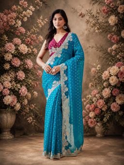 Kasee - Womens Teal Organza Silver Embroidery and Sequin Buti Saree with Unstitched Blouse