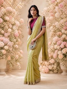 Kasee - Womens Green Organza Silver Embroidery and Sequin Buti Saree with Unstitched Blouse