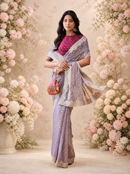 Kasee - Lavender Organza Silver Embroidery and Sequin Buti Saree with Unstitched Blouse
