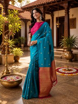 Kasee - Teal Art Silk Gold Zari Buti and Contrast Rose Gold Pallu Saree with Unstitched Blouse