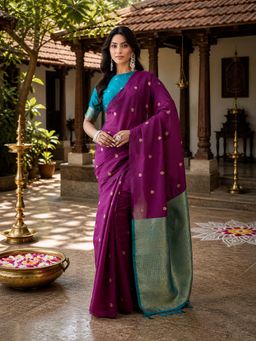 Kasee - Wine Art Silk Gold Zari Buti and Teal Contrast Pallu Saree with Unstitched Blouse
