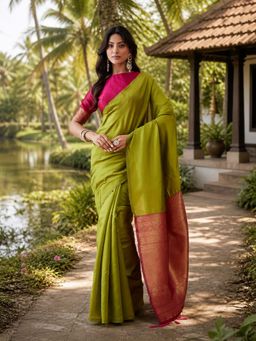 Kasee - Womens Green Art Silk Contrast Rose Gold Pallu Saree with Unstitched Blouse