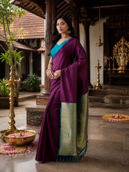 Kasee - Plum Purple Art Silk Teal Contrast Pallu and Zari Border Saree with Unstitched Blouse