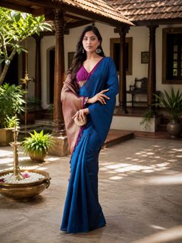 Kasee - Womens Turquoise Blue Art Silk Contrast Rose Gold Pallu Saree with Unstitched Blouse